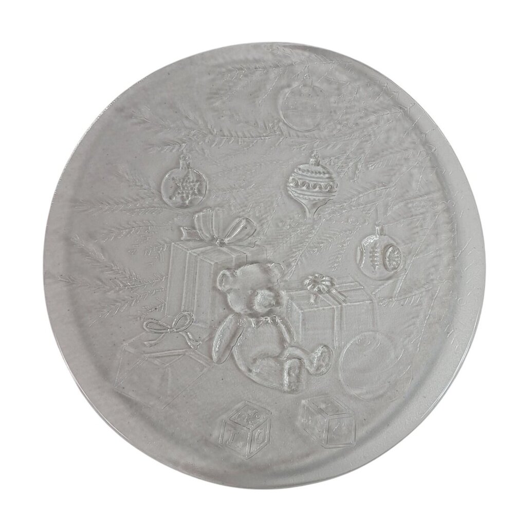 Libbey Embossed Glass Christmas Serving Platter Round 13" Bear Tree Ornament VTG